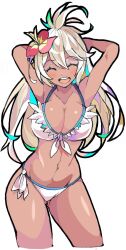 Rule 34 | 1girl, :d, ^ ^, armpits, arms behind head, bikini, blush, breasts, cleavage, closed eyes, collarbone, commentary request, dark-skinned female, dark skin, enpe, flower, gluteal fold, granblue fantasy, hair between eyes, hair flower, hair ornament, highres, large breasts, long hair, official alternate costume, open mouth, red flower, smile, solo, swimsuit, thighs, white bikini, white hair, zooey (granblue fantasy), zooey (summer) (granblue fantasy)