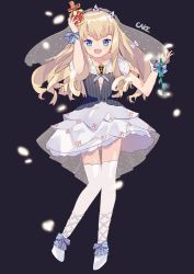 Rule 34 | 1girl, :d, arm up, artist name, azur lane, blonde hair, blue bow, blue eyes, blush, bow, cake (isiofb), commentary request, crown, full body, hair bow, hand up, high heels, layered skirt, long hair, mini crown, open mouth, puffy short sleeves, puffy sleeves, queen elizabeth (azur lane), see-through, shoes, short sleeves, skirt, smile, solo, standing, striped, striped bow, teeth, thighhighs, upper teeth only, veil, very long hair, white bow, white footwear, white skirt, white thighhighs