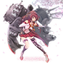 Rule 34 | 1girl, black thighhighs, breasts, brown eyes, brown hair, cannon, cherry blossoms, detached sleeves, female focus, flower, hair flower, hair ornament, headgear, hip vent, kantai collection, large breasts, long hair, map (blue catty), matching hair/eyes, miniskirt, pleated skirt, ponytail, red skirt, rigging, single thighhigh, skirt, smokestack, solo, thighhighs, turret, yamato (kancolle), z flag