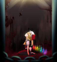 Rule 34 | 1girl, absurdres, ascot, blonde hair, blood, blood splatter, chain, crystal, flandre scarlet, from side, hat, hat ribbon, highres, kinese (katasutorohu), light, light particles, looking up, mob cap, puffy short sleeves, puffy sleeves, red eyes, red ribbon, red skirt, red vest, ribbon, shirt, short sleeves, skirt, solo, touhou, vest, white shirt, wings, yellow ascot