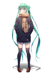 Rule 34 | 1girl, bad id, bad pixiv id, black thighhighs, coat, geduan, green eyes, green hair, hands in pockets, hatsune miku, highres, loafers, long hair, looking away, md5 mismatch, pigeon-toed, resolution mismatch, revision, scarf, shoes, simple background, skirt, solo, source larger, thighhighs, twintails, very long hair, vocaloid, white background