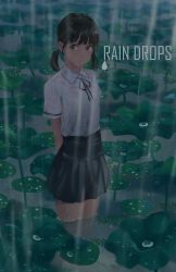 Rule 34 | 1girl, black skirt, brown eyes, highres, lily pad, litra (ltr0312), looking away, original, rain, shirt, short twintails, skirt, solo, twintails, wading, wet, wet clothes, white shirt