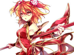 Rule 34 | 1girl, bare shoulders, breasts, bridal gauntlets, chinese clothes, circlet, clothing cutout, detached sleeves, fate/grand order, fate (series), flower, fujimaru ritsuka (female), fujimaru ritsuka (female) (the three great heroes), hair flower, hair ornament, holding, looking at viewer, matching hair/eyes, medium breasts, miniskirt, monkey tail, navel, navel cutout, official alternate costume, open mouth, orange eyes, orange hair, ruyi jingu bang, ryugun, short hair, simple background, skirt, solo, tail, two side up, weapon, white background