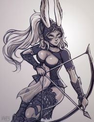 Rule 34 | 00s, 1girl, animal ears, armor, arrow (projectile), bow (weapon), breasts, choker, cleavage, dark-skinned female, dark skin, drawing bow, final fantasy, final fantasy xii, fran (ff12), greyscale, headgear, holding, holding bow (weapon), holding weapon, iahfy, long hair, monochrome, navel, ponytail, rabbit ears, revealing clothes, see-through, solo, viera, weapon