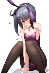 Rule 34 | 10s, 1girl, animal ears, bare shoulders, black pantyhose, blush, boruhis, breasts, cameltoe, choker, cleavage, commentary, covering one eye, fake animal ears, flying sweatdrops, highres, kantai collection, kasumi (kancolle), leotard, looking at viewer, open mouth, pantyhose, playboy bunny, rabbit ears, side ponytail, silver hair, sitting, small breasts, solo, wrist cuffs, yellow eyes