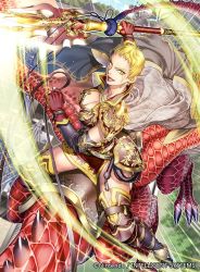 Rule 34 | 1girl, armor, armored boots, belt, blonde hair, boots, breasts, cape, cleavage, company connection, copyright name, day, dress, earrings, fingerless gloves, fire emblem, fire emblem: the blazing blade, fire emblem cipher, gloves, holding, holding weapon, jewelry, large breasts, lipstick, looking at viewer, makeup, nintendo, outdoors, polearm, scar, short dress, short sleeves, shoulder armor, solo, thighhighs, vaida, watermark, weapon, yoneko okome