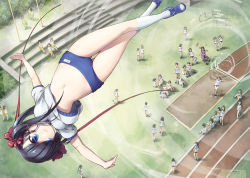 Rule 34 | 1girl, arched back, bad id, bad pixiv id, black hair, blue eyes, breasts, buruma, crossed legs, from above, gym uniform, hair ribbon, high jump, highres, jumping, legs, len (a-7), lowleg, midair, midriff, navel, original, outdoors, outstretched arms, red ribbon, ribbon, running track, school uniform, serafuku, socks, solo, spread arms, standing, thigh gap, track and field, twintails