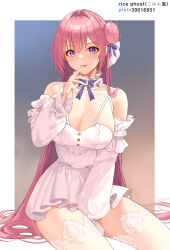 Rule 34 | 1girl, absurdres, bare shoulders, blush, breasts, detached sleeves, dorothy (nikke), dress, frilled dress, frills, goddess of victory: nikke, gohan oni, hair bun, highres, large breasts, long hair, looking at viewer, parted lips, pink hair, purple eyes, ribbon, single side bun, skirt, solo, thighhighs, very long hair, white dress