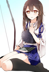 Rule 34 | 10s, 1girl, archery, bad id, bad pixiv id, black socks, blush, bow (weapon), breasts, brown eyes, brown hair, highres, japanese clothes, kaga (kancolle), kantai collection, kyuudou, long hair, muneate, oouso, open mouth, personification, short hair, side ponytail, sitting, skirt, socks, solo, sweat, wariza, weapon