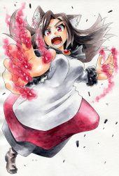 Rule 34 | 1girl, animal ears, brooch, brown hair, fangs, fingernails, imaizumi kagerou, jewelry, kawachi koorogi, long fingernails, long sleeves, looking at viewer, nib pen (medium), open mouth, outstretched arms, painting (medium), red eyes, shirt, skirt, solo, tail, touhou, traditional media, watercolor (medium), wide sleeves, wolf ears