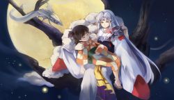Rule 34 | 1boy, 1girl, age difference, checkered clothes, checkered kimono, closed eyes, creature, demon, facial mark, forehead mark, full moon, holding, in tree, inuyasha, j-rin, japanese clothes, kimono, moon, night, parted bangs, pointy ears, rin (inuyasha), sesshoumaru, sitting, sitting in tree, tree, wide sleeves, yukata
