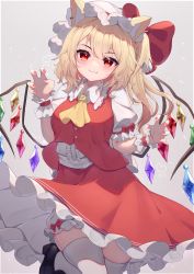 Rule 34 | 1girl, :3, absurdres, aged up, animal ears, ascot, back bow, black footwear, blonde hair, bow, breasts, cat ears, center frills, claw pose, closed mouth, cowboy shot, dress, fang, flandre scarlet, frilled skirt, frilled sleeves, frills, hair between eyes, hat, highres, hinata (user rjkt4745), kemonomimi mode, long hair, looking at viewer, mary janes, mob cap, nail polish, one side up, puffy short sleeves, puffy sleeves, red eyes, red nails, red skirt, shoes, short sleeves, simple background, skin fang, skirt, skirt set, smile, thighhighs, touhou, white footwear, white headwear, wings, wrist cuffs, yellow ascot, zettai ryouiki