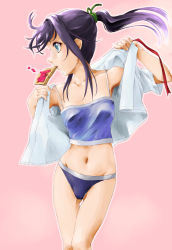 Rule 34 | 1girl, armpits, black hair, blue eyes, bread, bread slice, camisole, commentary request, dressing, food, highres, jam, long hair, looking to the side, marutaya, mouth hold, navel, no pants, open clothes, open shirt, panties, ponytail, purple camisole, purple panties, shirt, solo, toast, tsurumi rumi, underwear, white shirt, yahari ore no seishun lovecome wa machigatteiru.
