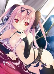 Rule 34 | 1girl, bad id, bad pixiv id, black thighhighs, blush, breasts, chikotam, choker, copyright request, demon girl, demon horns, dengeki moeou, detached sleeves, dutch angle, garter belt, garter straps, hair ribbon, hand to own mouth, highres, horns, long hair, lying, navel, nipples, on side, open window, pink hair, red eyes, ribbed sweater, ribbon, scan, small breasts, smile, solo, sweater, thighhighs, topless, two side up, underwear, underwear only, window, wings