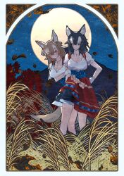 Rule 34 | 2girls, animal ears, arm at side, autumn leaves, backlighting, bare arms, behind another, black hair, blue eyes, blush, border, breasts, brown hair, cleavage, closed mouth, collarbone, corset, dirndl, empty eyes, flower, full moon, german clothes, gloves, grey wolf (kemono friends), hair between eyes, hand on another&#039;s arm, hand on own hip, heterochromia, highres, japanese wolf (kemono friends), jewelry, kemono friends, large breasts, leaf, leaning to the side, legs apart, light smile, looking at another, looking at viewer, moon, multicolored hair, multiple girls, night, night sky, official alternate costume, outdoors, outline, pendant, scoop neck, skirt, sky, standing, star (sky), starry sky, tail, two-tone hair, white gloves, white hair, wind, wolf ears, wolf girl, wolf tail, yappa muri, yellow eyes