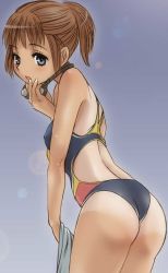 Rule 34 | 00s, 1girl, ass, cloritin, competition swimsuit, final fantasy, final fantasy xi, from side, goggles, goggles around neck, hume, looking at viewer, one-piece swimsuit, one-piece tan, original, solo, swimsuit, tan, tanline
