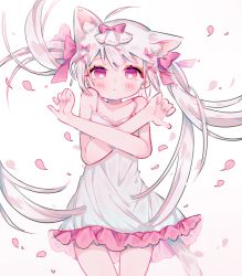 Rule 34 | 1girl, animal ears, cat ears, cat girl, cat tail, commentary, crossed arms, dress, flower, frills, hair ornament, hands up, highres, long hair, original, pink eyes, ribbon, shito neko (zitonger), solo, spaghetti strap, symbol-only commentary, tail, thighs, twintails, very long hair, white background, white dress, white hair
