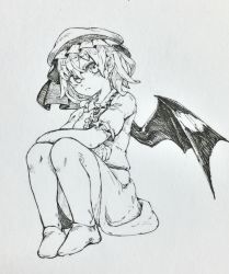 Rule 34 | 1girl, absurdres, bat wings, blush, bow, closed mouth, full body, greyscale, hair between eyes, hat, hat bow, highres, looking at viewer, mashimashi, mob cap, monochrome, pointy ears, remilia scarlet, short hair, short sleeves, sitting, solo, touhou, traditional media, wings