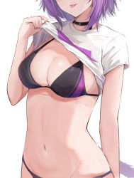 Rule 34 | 1girl, black bra, black choker, black panties, bra, breasts, cat tail, choker, cleavage, commentary request, cowboy shot, groin, highres, hololive, lifted by self, medium breasts, navel, nekomata okayu, panties, purple hair, shirt, shuuzo3, simple background, solo, stomach, stomach day, tail, underwear, undressing, virtual youtuber, white shirt