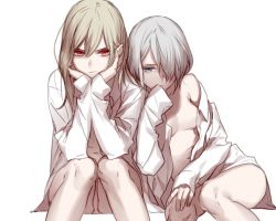 Rule 34 | 2girls, blonde hair, blue eyes, breasts, glaring, hair between eyes, hair over one eye, hand on own knee, kazari tayu, long hair, md5 mismatch, multiple girls, naked shirt, navel, off shoulder, red eyes, resized, shirt, short hair, silver hair, simple background, sitting, sleeves past wrists, small breasts, source request, vampire, white background