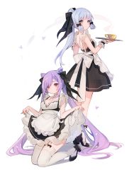 Rule 34 | 2girls, apron, aqua eyes, ayaka (genshin impact), black footwear, blue hair, blush, breasts, clothes lift, cup, genshin impact, hair ornament, highres, holding, holding tray, keqing (genshin impact), light blue hair, long hair, looking at viewer, maid, maid apron, multiple girls, ponytail, purple eyes, purple hair, simple background, skirt, skirt lift, smile, teacup, thighhighs, tray, twintails, very long hair, waitress, white background, white thighhighs, wrist cuffs, yenkoes