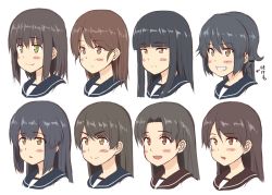Rule 34 | &gt;:), 10s, 6+girls, :&lt;, :d, :o, ayanami (kancolle), blush, brown eyes, brown hair, commentary request, empty eyes, fubuki (kancolle), green eyes, grin, hair down, hatsuyuki (kancolle), head, ichikawa feesu, isonami (kancolle), kantai collection, long hair, miyuki (kancolle), multiple girls, open mouth, sailor collar, shikinami (kancolle), shirayuki (kancolle), sidelocks, simple background, smile, translated, triangle mouth, uranami (kancolle), v-shaped eyebrows, white background