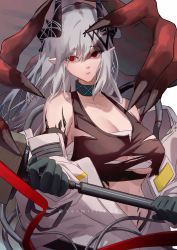 Rule 34 | 1girl, arknights, bandages, bare shoulders, black choker, black gloves, breasts, chest sarashi, choker, commentary, crop top, gloves, grey hair, hair between eyes, hammer, highres, holding, holding hammer, holding weapon, horns, infection monitor (arknights), large breasts, long hair, looking at viewer, material growth, midriff, mudrock (arknights), mudrock (elite ii) (arknights), oripathy lesion (arknights), pointy ears, red eyes, sarashi, shinoda giri, sidelocks, simple background, solo, sports bra, stomach, torn clothes, torn sports bra, upper body, weapon, white background