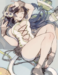 Rule 34 | 1girl, aquaplus, ass, bare legs, bare shoulders, black hair, blush, breasts, cat tail, cleavage, cleavage cutout, clothing cutout, feet, full body, hair between eyes, hair ornament, knees up, kuon (utawarerumono), kuon waves-enticing fan, long hair, lying, midriff, navel, on back, one eye closed, open mouth, rg hki, sandals, unworn sandals, solo, swept bangs, swimsuit, tail, thick thighs, thighs, toned, toned female, underboob, utawarerumono, utawarerumono: itsuwari no kamen, utawarerumono: lost flag, veil, very long hair, white tail, yellow eyes