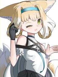 Rule 34 | 1girl, ;d, absurdres, animal ear fluff, animal ears, arknights, bare shoulders, black gloves, blonde hair, blue hairband, braid, breasts, fox ears, fox girl, fox tail, gloves, green eyes, hair rings, hairband, hands up, highres, kitsune, multicolored hair, one eye closed, open mouth, shirt, simple background, single glove, small breasts, smile, solo, spam (spamham4506), suzuran (arknights), tail, twin braids, two-tone hair, white background, white hair, white shirt