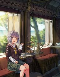 Rule 34 | 1girl, :d, brown eyes, brown jacket, commentary request, couch, cup, day, food, green skirt, hair between eyes, hair ornament, hairclip, hand up, highres, horizon, idolmaster, idolmaster cinderella girls, jacket, koshimizu sachiko, long sleeves, looking at viewer, natori youkai, necktie, ocean, open mouth, purple hair, sandwich, saucer, shirt, sidelocks, sitting, skirt, sleeves past wrists, smile, solo, sweets, teacup, teapot, tiered tray, train interior, water, white shirt, yellow necktie