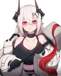 Rule 34 | 1girl, absurdres, albino, arknights, bare shoulders, black gloves, blush, breasts, bright pupils, cleavage, closed mouth, collar, collarbone, eyebrows hidden by hair, gloves, hair between eyes, hair ornament, hammer, highres, holding, holding hammer, holding weapon, horns, infection monitor (arknights), large breasts, long hair, long sleeves, looking at viewer, material growth, mudrock (arknights), mudrock (elite ii) (arknights), off shoulder, open clothes, oripathy lesion (arknights), pointy ears, red eyes, rikuguma, shaded face, simple background, smile, solo, sports bra, upper body, weapon, white background, white hair