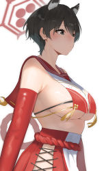 Rule 34 | 1girl, absurdres, animal ears, bare shoulders, black hair, blue archive, breast curtain, breasts, elbow gloves, from side, gloves, grey eyes, highres, large breasts, red gloves, red sailor collar, red skirt, revealing clothes, rope, sailor collar, short hair, sideboob, sideless outfit, skirt, solo, takita (takita3411), tassel, tsubaki (blue archive), two-tone shirt, underboob, upper body, white background