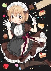 Rule 34 | 1girl, apron, artist name, black apron, black background, black pantyhose, blush, bow, brown dress, brown eyes, brown footwear, brown hair, brown ribbon, cake, cake slice, dot nose, dress, dress bow, flat chest, food, frilled apron, frilled skirt, frills, full body, gloves, hair bow, hair ribbon, highres, idolmaster, idolmaster cinderella girls, idolmaster cinderella girls starlight stage, index finger raised, koga koharu, looking at viewer, macaron, open hand, open mouth, pantyhose, puffy short sleeves, puffy sleeves, purple bow, ribbon, shima(kanidess), shoes, short hair, short sleeves, skirt, smile, solo, star (symbol), starry background, striped ribbon, white gloves, white headdress