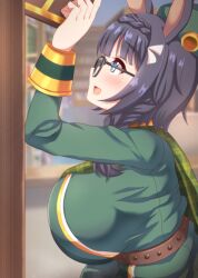 Rule 34 | 1girl, animal ears, belt, beret, blue eyes, blush, book, bookshelf, breasts, commentary request, glasses, hat, horse ears, horse girl, horse tail, ikue fuuji, large breasts, library, long hair, looking to the side, open mouth, solo, tail, umamusume, uniform, zenno rob roy (umamusume)