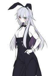 Rule 34 | 1girl, animal ears, bare shoulders, blush, bow, bowtie, breasts, butler, cowboy shot, dodome ichika, eyes visible through hair, fake animal ears, female butler, green eyes, grey hair, hair between eyes, heterochromia, long hair, looking at viewer, muted color, original, rabbit ears, simple background, sleeveless, small breasts, solo, standing, sweatdrop, waka (shark waka), white background, wrist cuffs, yellow eyes