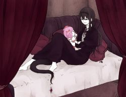 Rule 34 | 10s, 1girl, akemi homura, akemi homura (black dress), bed, black hair, bow, character doll, crying, crying with eyes open, curtains, dress, funeral dress, gem, hair bow, hairband, kaname madoka, long hair, looking at another, magical girl, mahou shoujo madoka magica, mahou shoujo madoka magica: hangyaku no monogatari, papeapoo, pink hair, purple eyes, salamander, short hair, short twintails, sitting, smile, solo, spoilers, tail, tears, twintails