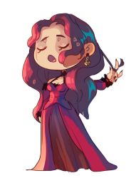 Rule 34 | 1girl, brown hair, chibi, dorothea arnault, dress, earrings, closed eyes, fire emblem, fire emblem: three houses, jewelry, long hair, nintendo, red dress, simple background, solo