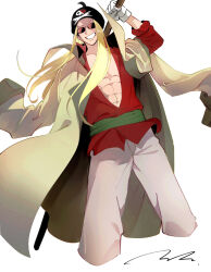 1boy abs blonde_hair coat coat_on_shoulders commentary_request cropped_legs floating_hair green_sash hat highres holding ink_(winkyinkywinky) limejuice_(one_piece) long_hair looking_at_viewer male_focus one_piece red_shirt sash shirt signature simple_background smile solo sunglasses white_background