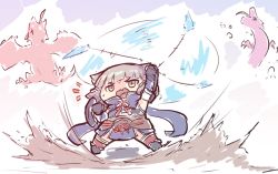 Rule 34 | 1girl, animal ears, armor, artist request, blush, chibi, gloves, hair between eyes, headband, japanese clothes, kamura (armor), looking at viewer, monster hunter (series), monster hunter rise, nia (xenoblade), open mouth, short hair, simple background, solo, thighhighs, weapon, xenoblade chronicles (series), xenoblade chronicles 2
