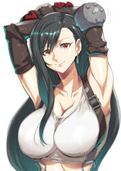 Rule 34 | 1girl, 2019, absurdres, aqua light, armpits, arms behind head, arms up, black hair, breasts, brown eyes, detached sleeves, earrings, final fantasy, final fantasy vii, gloves, highres, ippo, jewelry, large breasts, lips, long hair, looking at viewer, mousepad, overalls, shirt, smile, solo, tifa lockhart, white background, white shirt