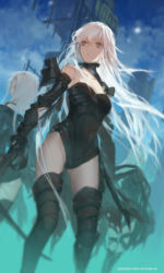 Rule 34 | 3girls, black footwear, black leotard, blurry, boots, collarbone, copyright name, dutch angle, floating hair, grey eyes, hair between eyes, highres, holding, holding sword, holding weapon, leotard, long hair, multiple girls, outdoors, parted lips, pixiv fantasia, pixiv fantasia revenge of the darkness, silver hair, strapless, strapless leotard, swd3e2, sword, thigh boots, thighhighs, very long hair, weapon