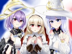 Rule 34 | 3girls, azur lane, black gloves, blonde hair, blue eyes, breasts, crescent, crescent earrings, crescent hat ornament, cross, detached sleeves, earrings, feather boa, french flag, gloves, guichen (azur lane), habit, hair between eyes, hands up, hat, hat ornament, highres, jewelry, kersaint (azur lane), large breasts, light purple hair, long hair, long sleeves, looking at viewer, lyon (azur lane), mole, mole under eye, mole under mouth, multiple girls, nun, own hands clasped, own hands together, parted lips, purple hair, red eyes, short hair, smile, star (symbol), star earrings, star hat ornament, timaki19191, upper body, veil, white hair, white headwear, witch hat