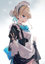 Rule 34 | 1girl, absurdres, amana (pocketkey), apron, blonde hair, blue archive, blue bow, blue bowtie, blue eyes, bow, bowtie, braid, bun cover, chest harness, clothes lift, double v, earpiece, fingerless gloves, frilled apron, frills, gloves, halo, harness, highres, juliet sleeves, lifting own clothes, long sleeves, looking at viewer, maid headdress, multicolored hair, puffy sleeves, skirt, skirt lift, streaked hair, toki (blue archive), v, white apron