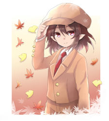 Rule 34 | 1girl, autumn leaves, brown hair, brown hat, brown jacket, brown shorts, buttons, cabbie hat, closed jacket, closed mouth, cocoa (cocoa1qld), collared shirt, ellipsis (mitei), flat cap, hat, holding, holding clothes, holding hat, jacket, leaf, necktie, pointy ears, red eyes, red necktie, shameimaru aya, shameimaru aya (newsboy), shirt, short hair, shorts, smile, standing, touhou, white shirt