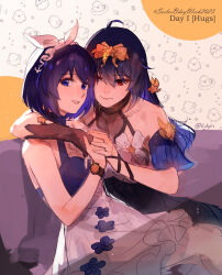Rule 34 | 2girls, ahoge, arm around shoulder, bare shoulders, blue eyes, blue hair, collarbone, colored inner hair, commentary, dress, english commentary, english text, eulyin huan, gloves, highres, holding hands, honkai (series), honkai impact 3rd, hug, long hair, looking at viewer, multicolored hair, multiple girls, official alternate costume, official art, red eyes, seele (alter ego), seele vollerei, seele vollerei (starchasm nyx), seele vollerei (stygian nymph), single glove, sitting, white dress