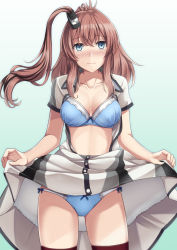 Rule 34 | 1girl, bad id, bad pixiv id, blue background, blue bra, blue eyes, blue panties, bra, breasts, brown hair, clothes lift, collarbone, cowboy shot, dress, dress lift, gradient background, grey dress, hair between eyes, highres, kantai collection, looking at viewer, medium breasts, multicolored clothes, open clothes, panties, ponytail, red thighhighs, saratoga (kancolle), saratoga mk ii (kancolle), side ponytail, sidelocks, smokestack, smokestack hair ornament, solo, thighhighs, underwear, yamato (083)