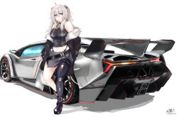 Rule 34 | 1girl, 2020, 20s, absurdres, animal ears, belt, black belt, black footwear, black jacket, black thighhighs, blush, boots, breasts, car, clochetteravine, dated, food, food in mouth, grey eyes, grey skirt, highres, hololive, jacket, lamborghini, lamborghini veneno, large breasts, lion ears, lion girl, lion tail, long hair, long sleeves, looking at viewer, midriff, motor vehicle, navel, off shoulder, open clothes, open jacket, pocky, september, shirt, shishiro botan, silver hair, single thighhighs, skirt, sleeveless, sleeveless shirt, standing, tail, thigh strap, thighhighs, torn clothes, torn legwear, twintails, virtual youtuber, white background