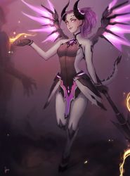 Rule 34 | 1girl, alternate costume, armor, artist name, bad id, bad tumblr id, bodysuit, breasts, dark persona, demon horns, emblem, energy beam, facial mark, faulds, forehead mark, full body, glowing, glowing wings, high ponytail, highres, holding, holding staff, hoof shoes, horns, imp mercy, lipstick, looking at another, makeup, making-of available, matilda fiship, mechanical wings, mercy (overwatch), overwatch, overwatch 1, parted lips, patch, pelvic curtain, pink lips, purple background, purple eyes, purple hair, purple lips, purple wings, signature, small breasts, smile, solo focus, spread wings, staff, wings