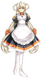 Rule 34 | 1girl, apron, black dress, boots, bow, dress, expressionless, frilled apron, frills, full body, green eyes, growlanser, growlanser i, hair bow, hair rings, juliet sleeves, karen langley, long hair, long sleeves, low-tied long hair, official art, orange bow, puffy sleeves, solo, standing, twintails, urushihara satoshi, very long hair, white background, white footwear, white hair