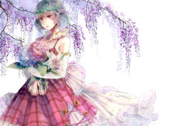 Rule 34 | 1girl, absurdres, alternate costume, alternate hairstyle, bare shoulders, bouquet, braid, breasts, cowboy shot, detached collar, dress, earrings, elbow gloves, facial mark, floral print, flower, flower request, french braid, gloves, green hair, hair between eyes, highres, holding, holding bouquet, hydrangea, jewelry, kamigakushi no cho sakura, kazami yuuka, layered dress, lily (flower), lipstick, looking down, makeup, plaid, plaid dress, red dress, red eyes, red lips, red pupils, shiny skin, short dress, short hair, simple background, smile, solo, sunflower, touhou, tree, white background, white dress, white gloves, wisteria